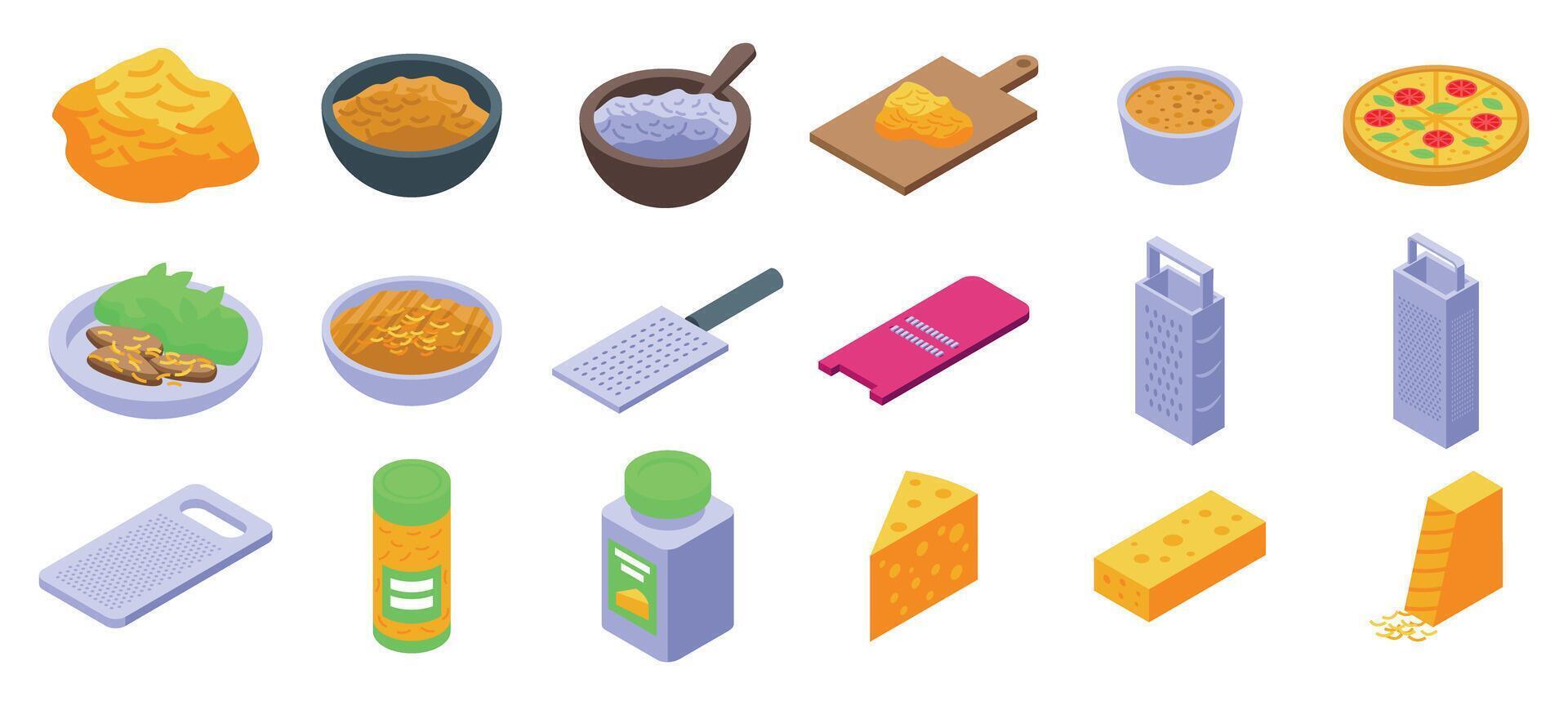 Grated cheese icons set. Grated cheese for cooking and flavoring food icons set isometric style vector