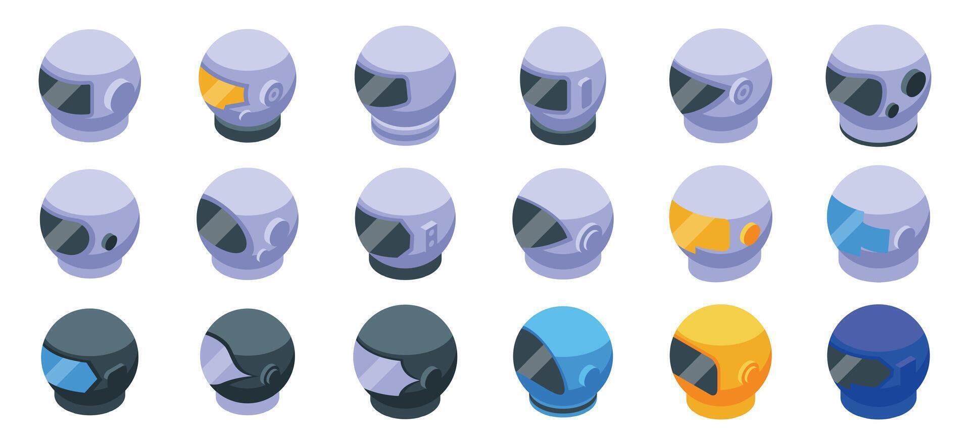 Cosmonaut helmet icons set. Set of astronaut helmet icons showing different designs and colors in isometric view vector