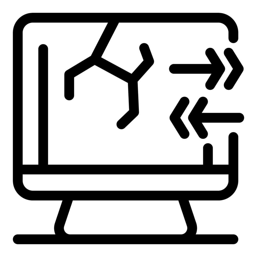 This simple design depicts a cracked computer screen with arrows indicating data transfer vector