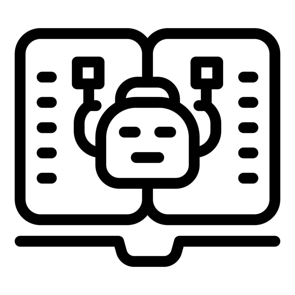 Robot holding two plugs over open book icon vector