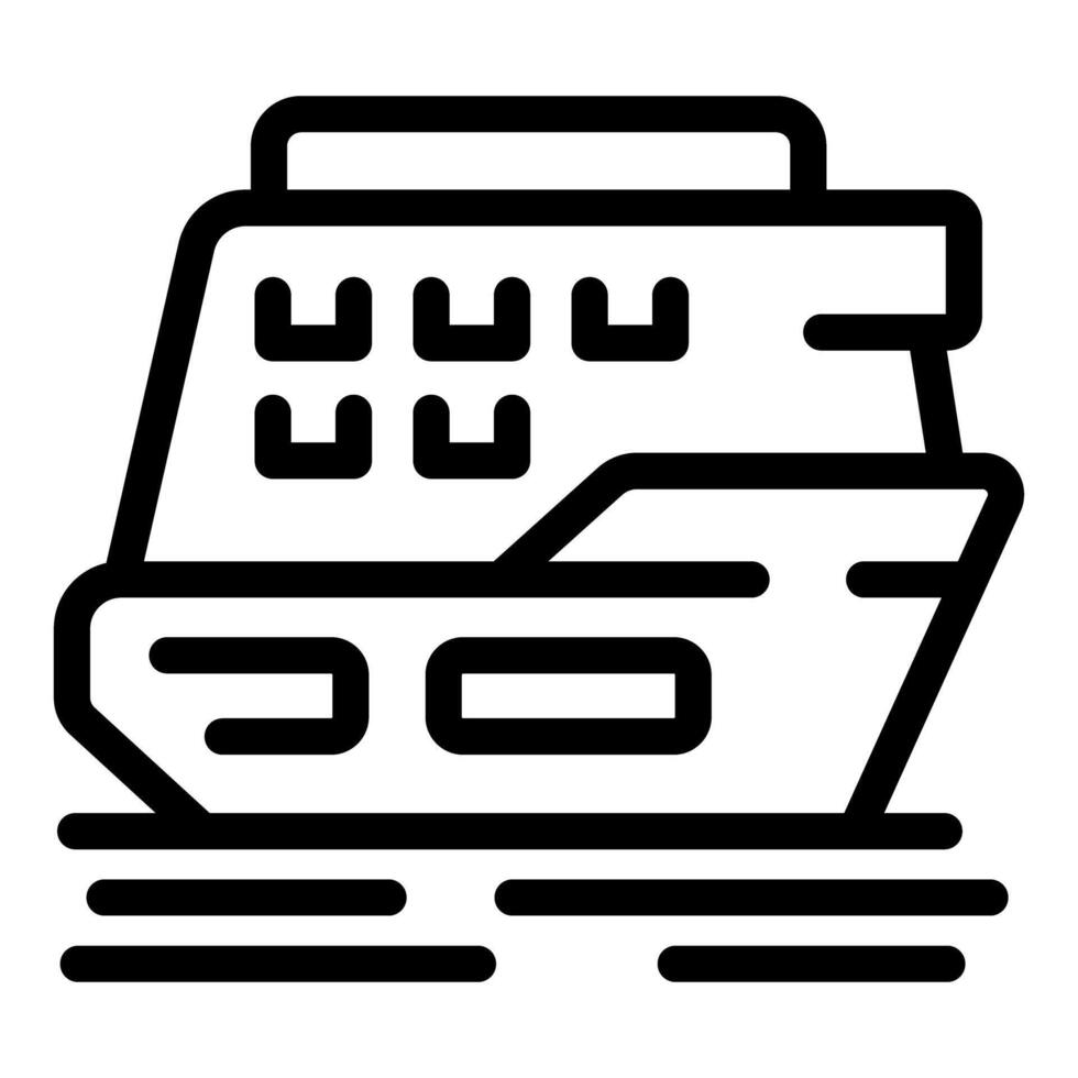 Cruise ship floating on water in black and white line art icon vector