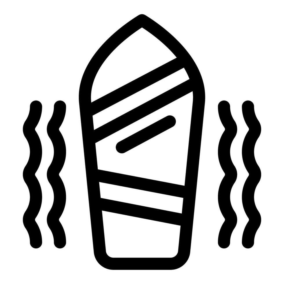 Surfboard standing upright between ocean waves on beach vector