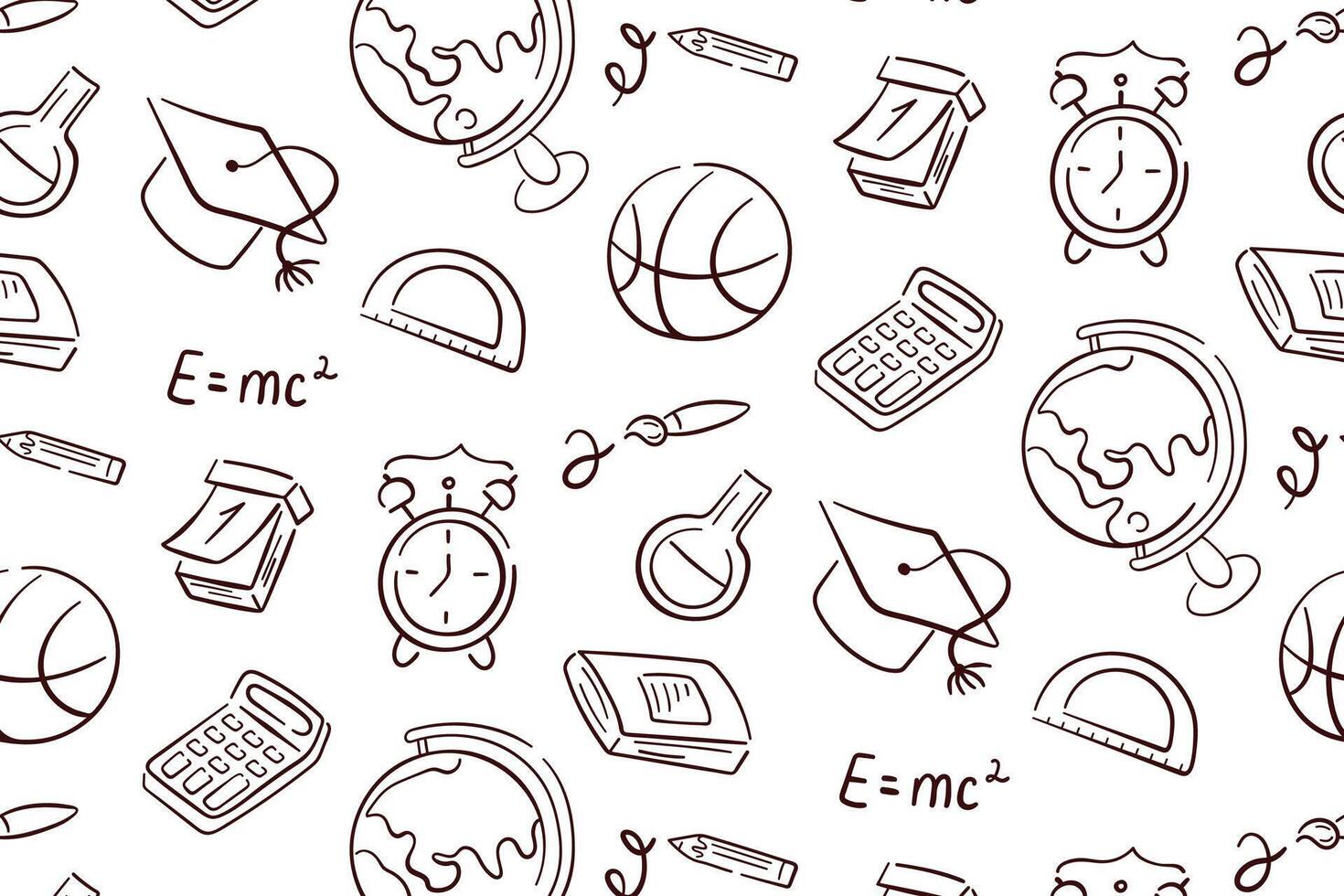 School seamless pattern in line art style. Education, science concept. Back to school design with school supplies notebook, globe, calculator, calendar, brush. illustration on white background. vector