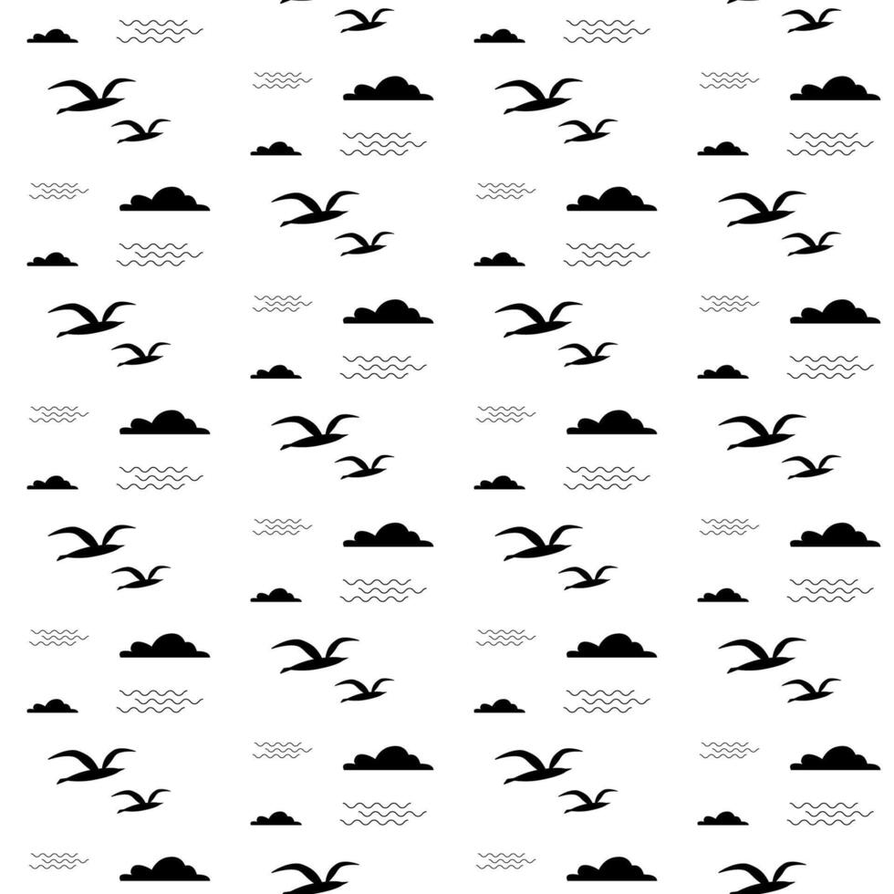Flying seagull bird with clouds and waves graphic black and white seamless pattern. vector