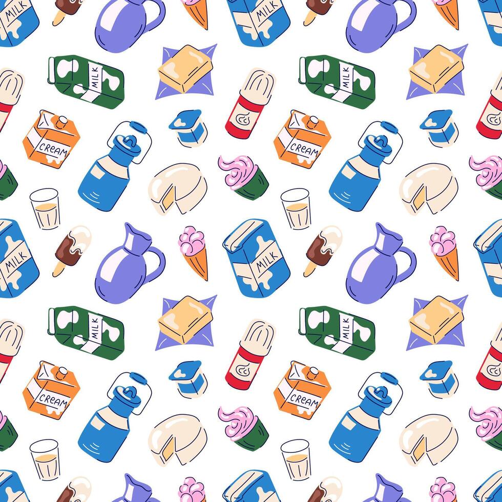 Milk dairy product flat seamless pattern. Wallpaper, package design with ice cream, cupcake, cheese, butter. illustration on a white background. vector