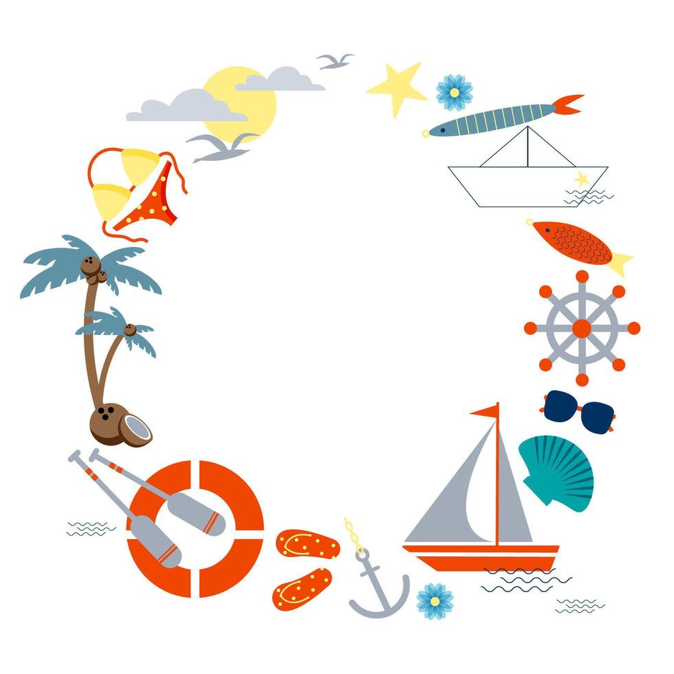 Summer frame or banner, sea and ocean elements, yacht and seagull, beach clothes, paddle, anchor and steering wheel. vector