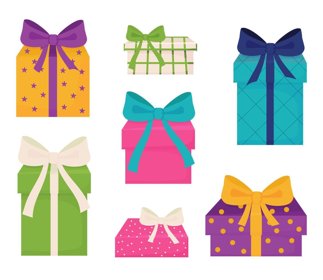 A set of gift boxes with ribbons and bows isolated on a white background. illustration in flat style. vector