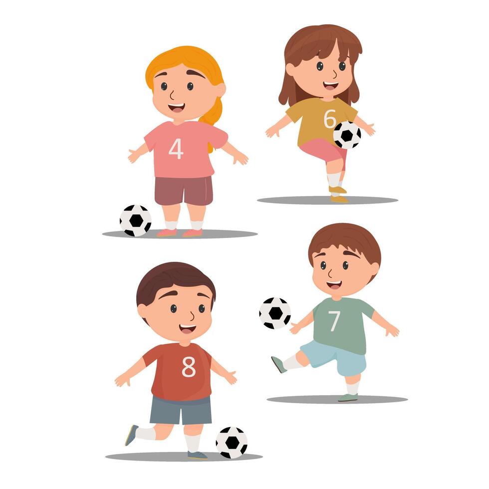 set of cute cartoon little girls kicking football isolated on white background. vector