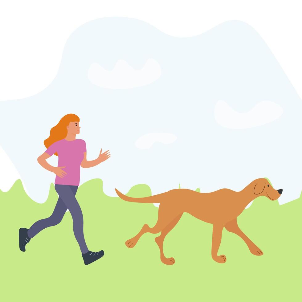 A girl runs in the park with her dog. illustration vector