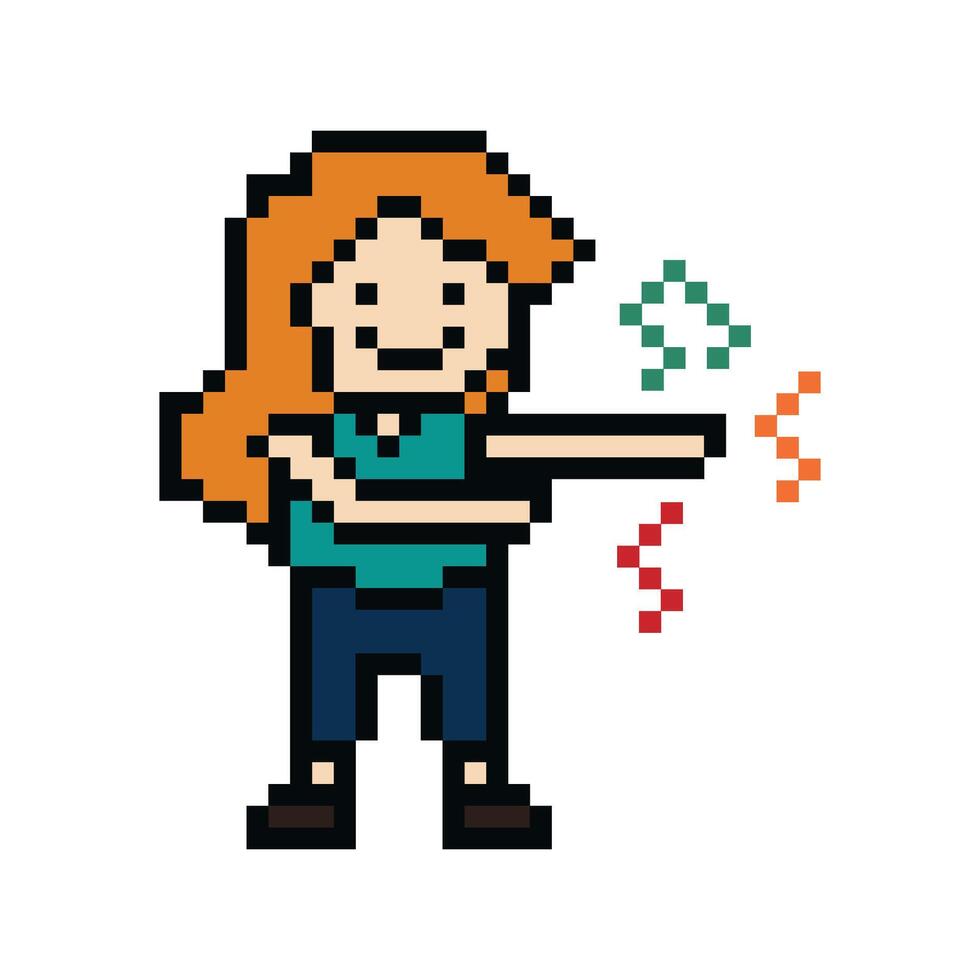 Cute pixel cartoon 8bit character woman exercises training dance lifestyle music decoration life style 8 bit female girl dance with music game fitness isolated. vector
