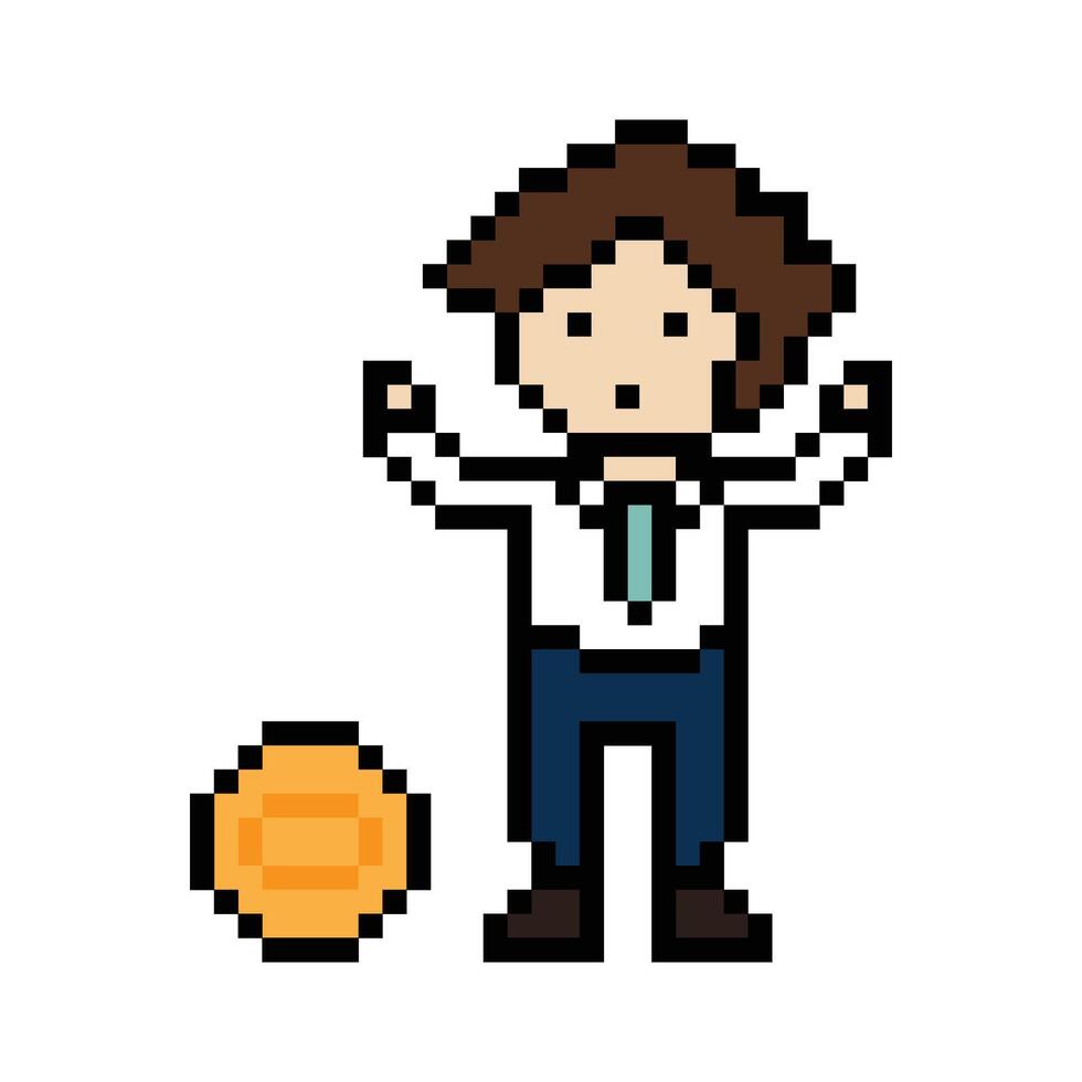 Cute pixel cartoon 8bit character business man businessman smart game for decoration business 8 bit male career smart character game. vector