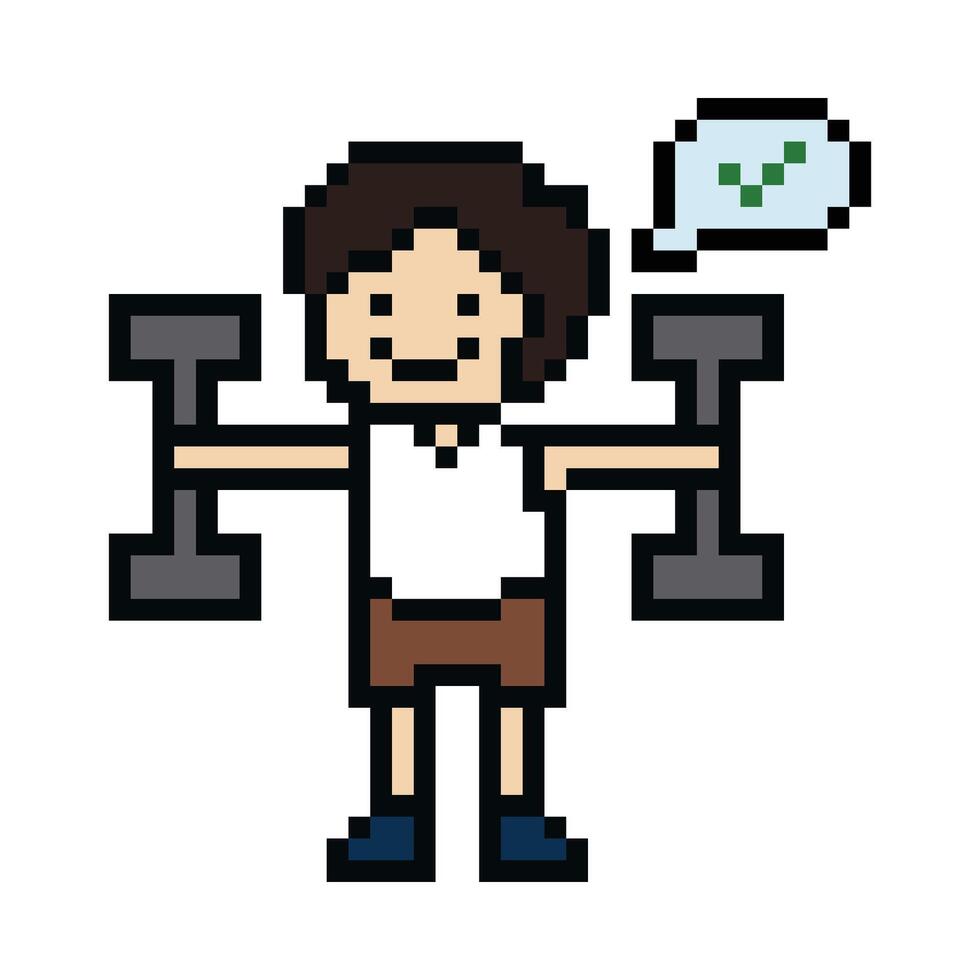 Cute pixel cartoon 8bit character man weight training with dumbbell lifestyle lifting gym decoration life style 8 bit male boy weight fitness isolated. vector