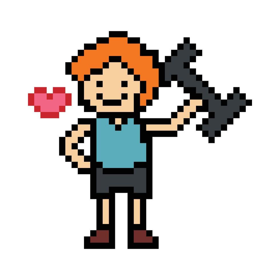 Cute pixel cartoon 8bit character man weight training with dumbbell lifestyle lifting gym decoration life style 8 bit male boy weight fitness isolated. vector
