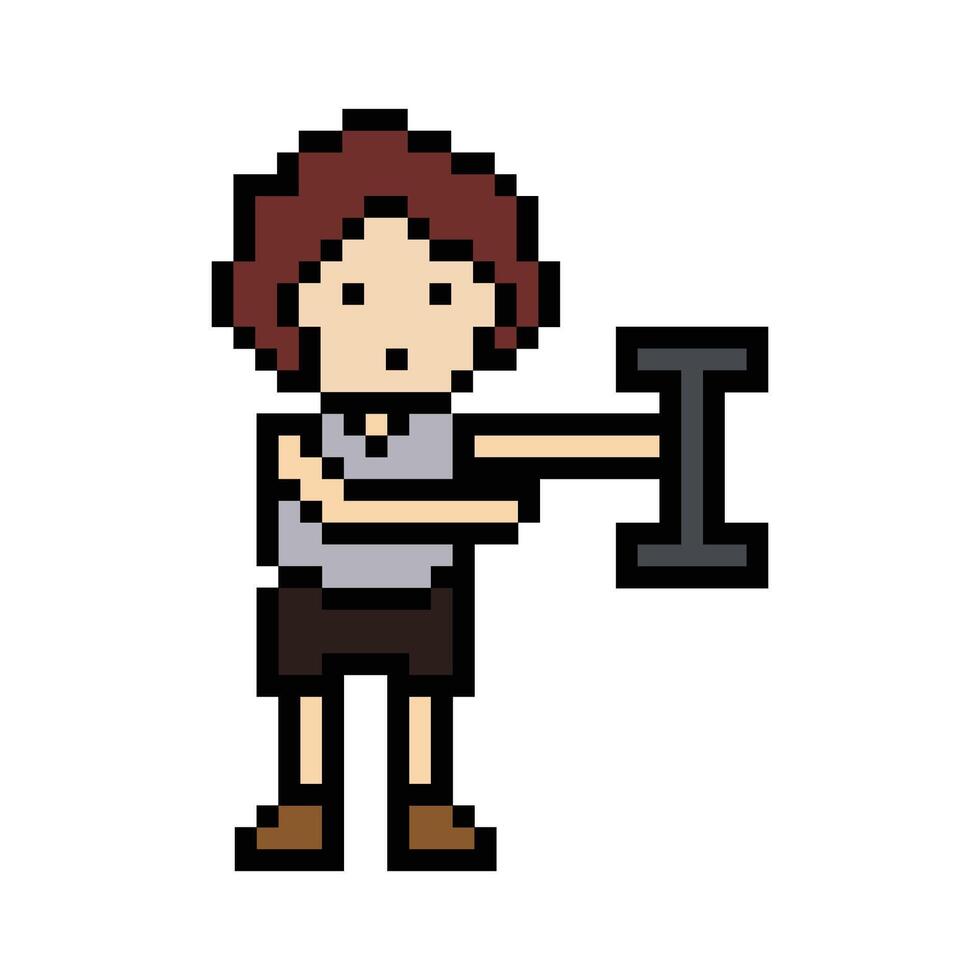Cute pixel cartoon 8bit character man weight training with dumbbell lifestyle lifting gym decoration life style 8 bit male boy weight fitness isolated. vector