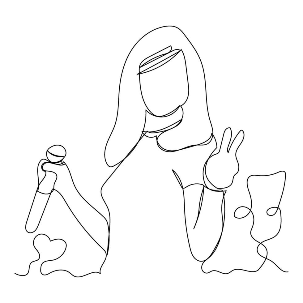 Sketch lifestyle concept minimal girl woman sing a song music karaoke drawing line art. Female song music superstar voice with white ioslated background. Abstract,illustration. vector