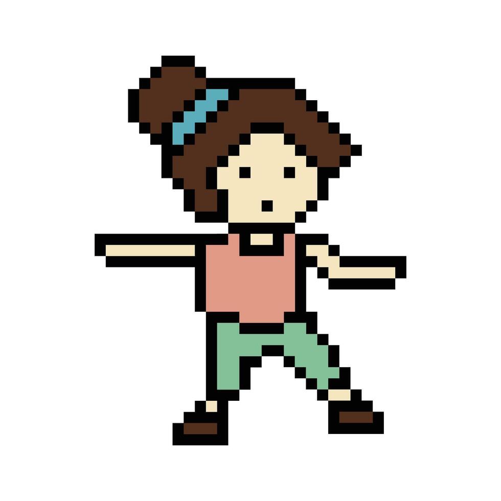 Cute pixel cartoon 8bit character woman exercises training dance lifestyle music decoration life style 8 bit female girl dance with music game fitness isolated. vector