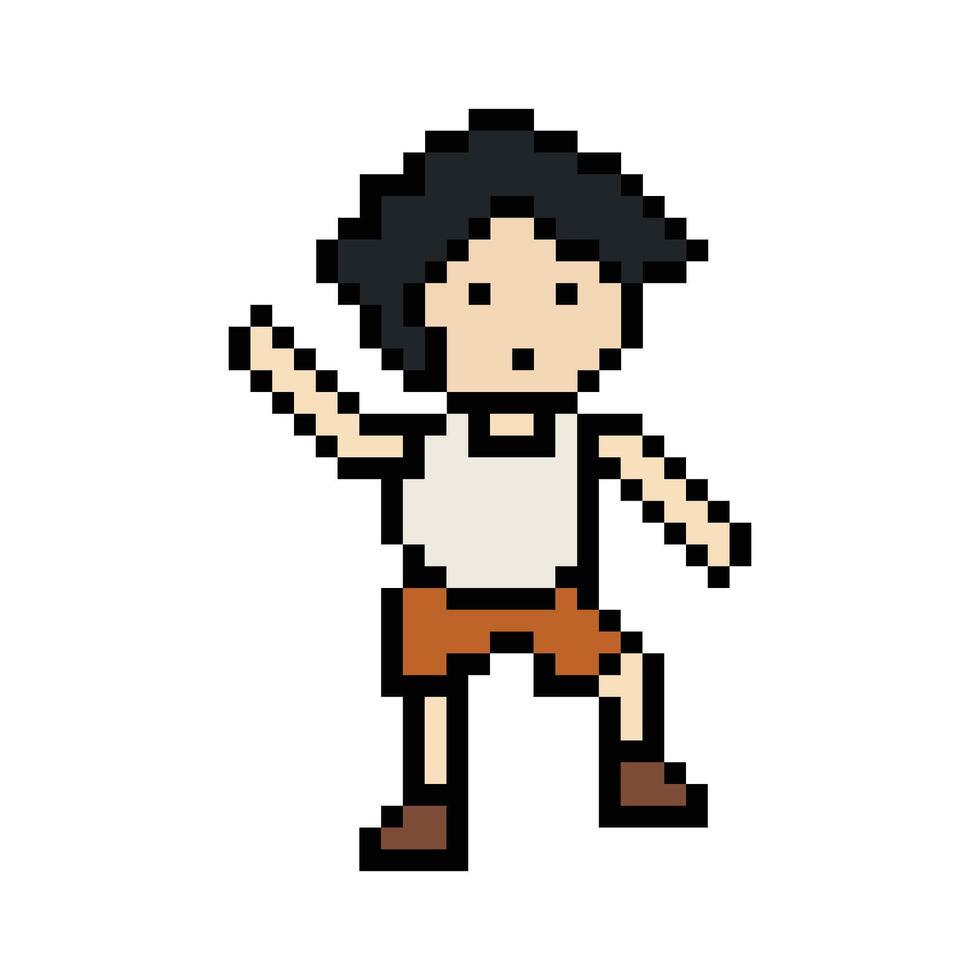 Cute pixel cartoon 8bit character man exercises training dance lifestyle music decoration life style 8 bit male boy dance with music game fitness isolated. vector