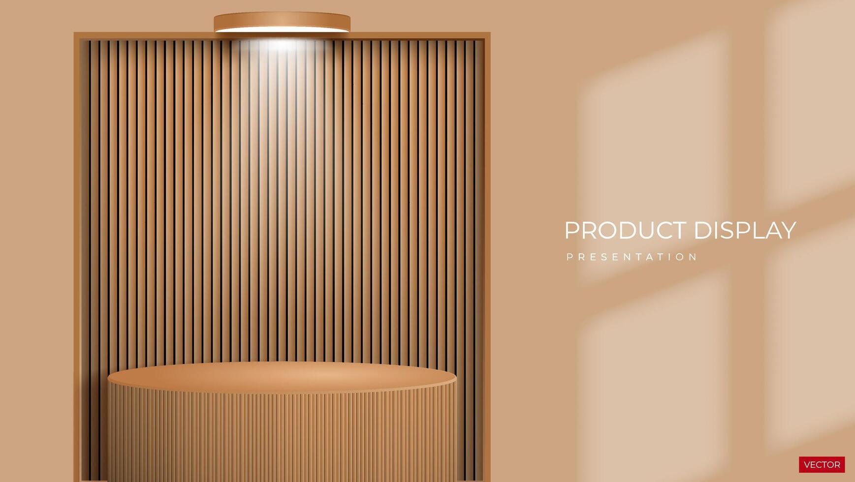 3d wooden podium design with wooden pattern background, window shadow overlay and light vector