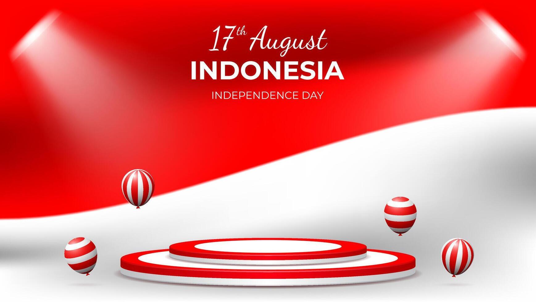 red and white 3d podium design with balloons and light on wavy indonesian flag vector