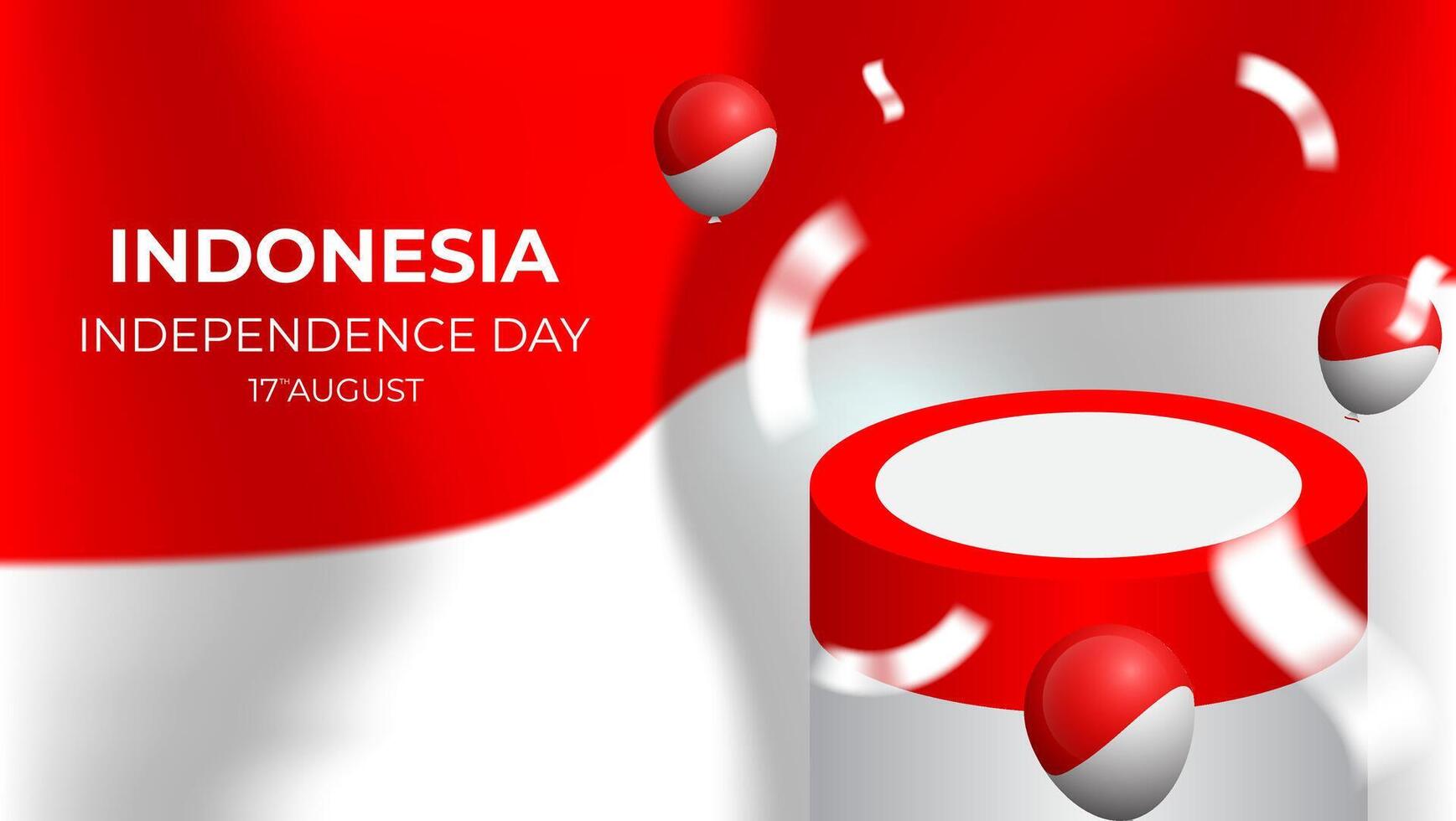 indonesia independence day banner with 3d podium, balloons and confetti on red and white flag vector