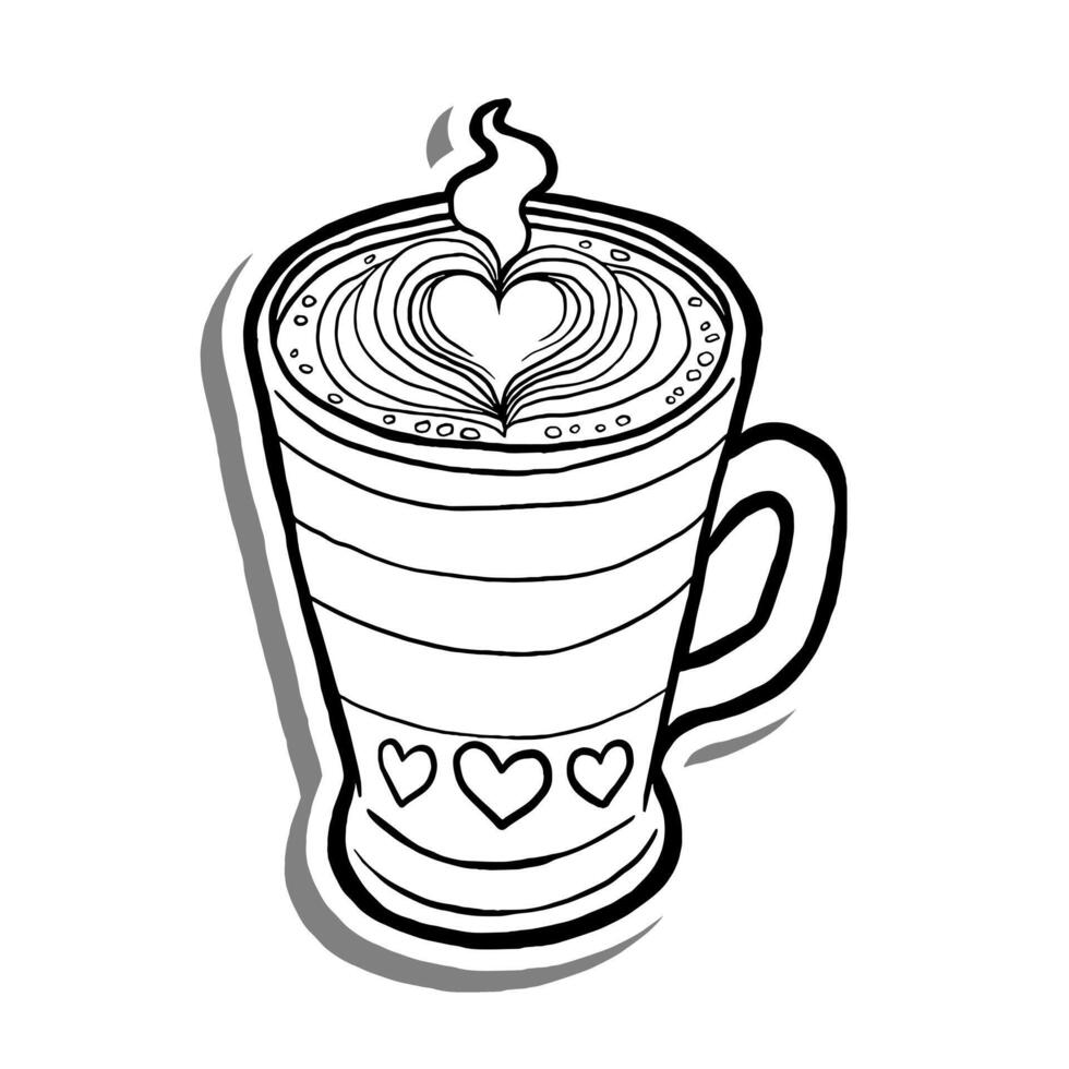 Black line Hot Latte Art in Glass with Polka Dot on white silhouette and gray shadow. Hand drawn cartoon style. illustration for decorate and any design. vector
