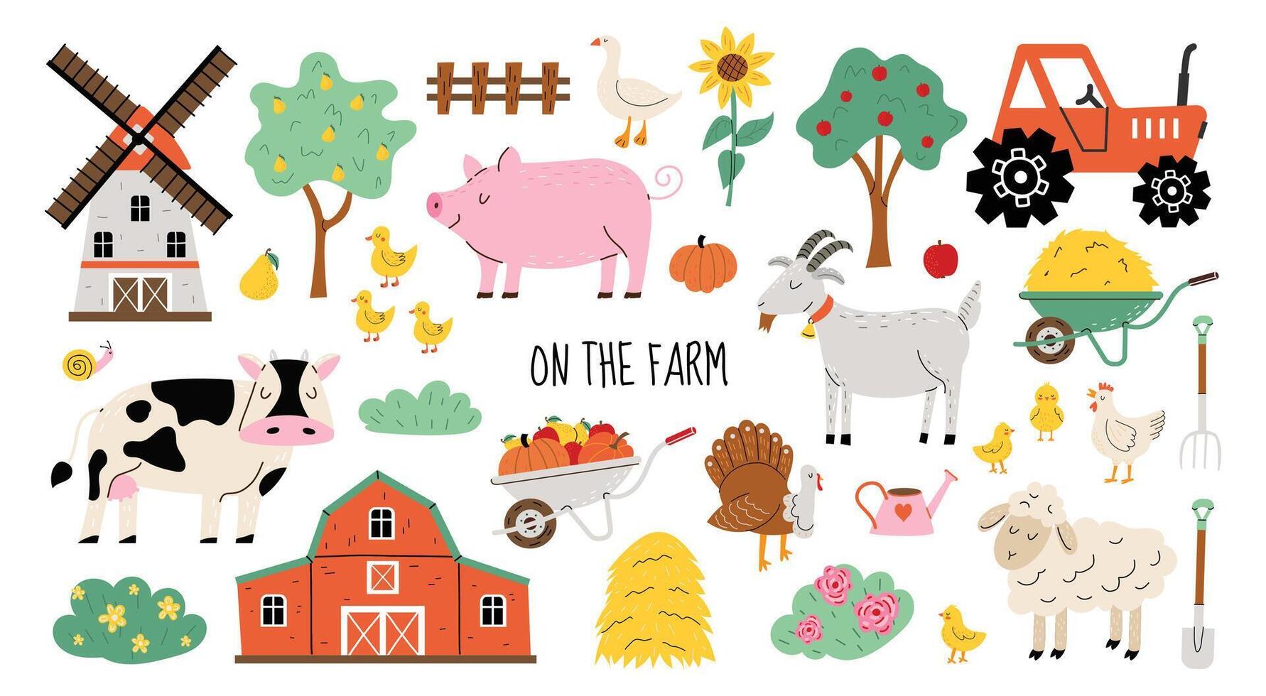 Large set of cute farm animals and birds in flat style. Cow, goat, lamb, goose, chicken, pig, tractor, hay and mill in hand drawn style. Objects for poster, banner or postcard. vector