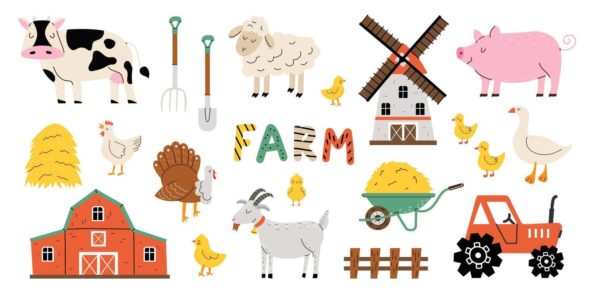 Set of cute farm animals and birds in a flat style. Cow, goat, lamb, goose, chicken, pig, tractor, hay and mill in hand drawn style. Objects for a poster, banner or postcard. vector