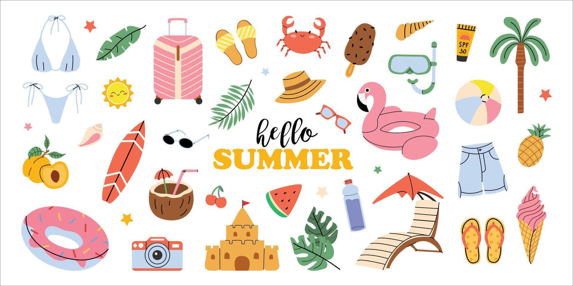 Large Summer set. Hello summer. Ice cream, swimming lap, fruits, swimsuit, ball, leaves, sand castle, seashells. A collection of summer elements for scrapbooking. Hand drawn style. vector