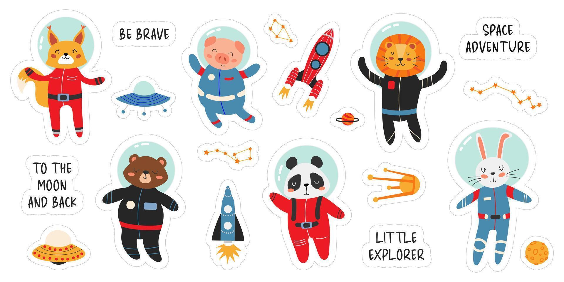Set of space animal stickers. Cute animals in spacesuits. Panda, lion, rabbit, bear, squirrel and piggy, rockets, UFOs, constellations, planets. Adventure sticker set. . vector
