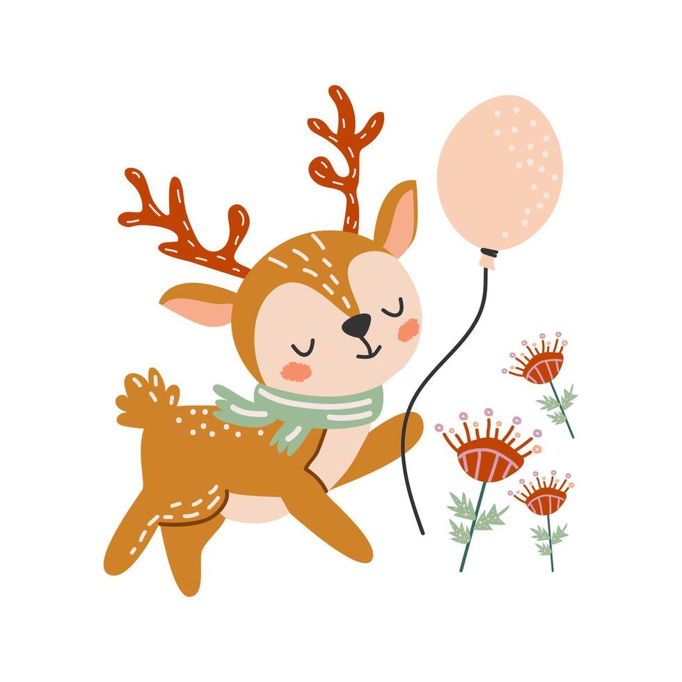 Cute deer. children's illustration with forest animal. Reindeer with balloon. Postcard, print for clothes, printing. White isolated background. vector