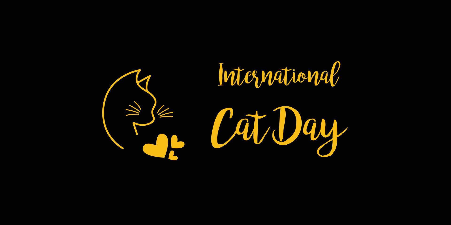 International Cat Day. Poster, banner. Black isolated background. Cute silhouette of a cat in gold color. vector
