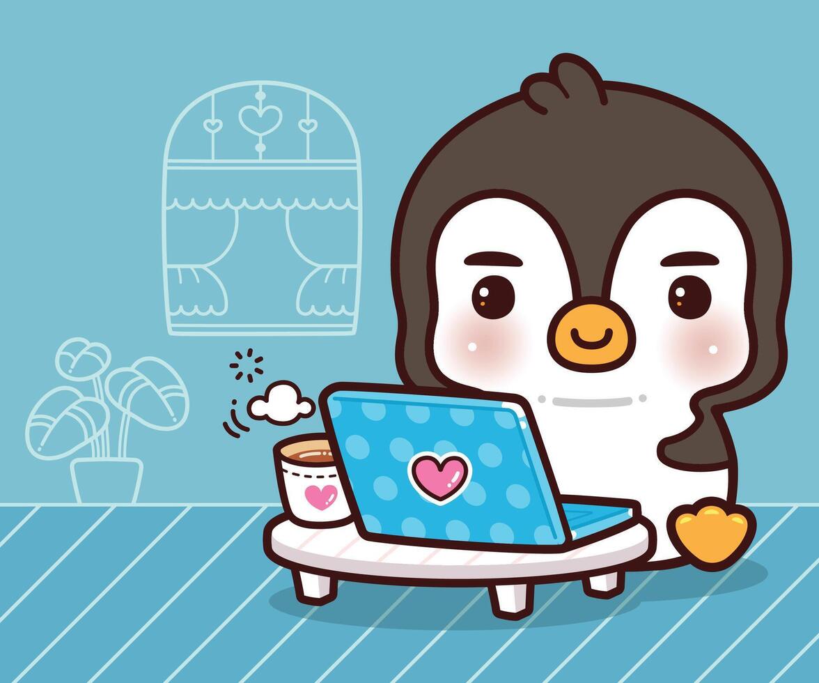 Little Penguin freelancers working on laptops and computers at home. Working at home, Kawaii Cartoon Style. vector