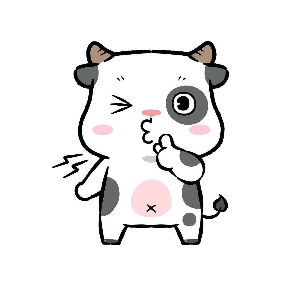 Hush. Little cow asking for silence or secrecy with finger on lips shhh hand gesture, cartoon chibi style vector