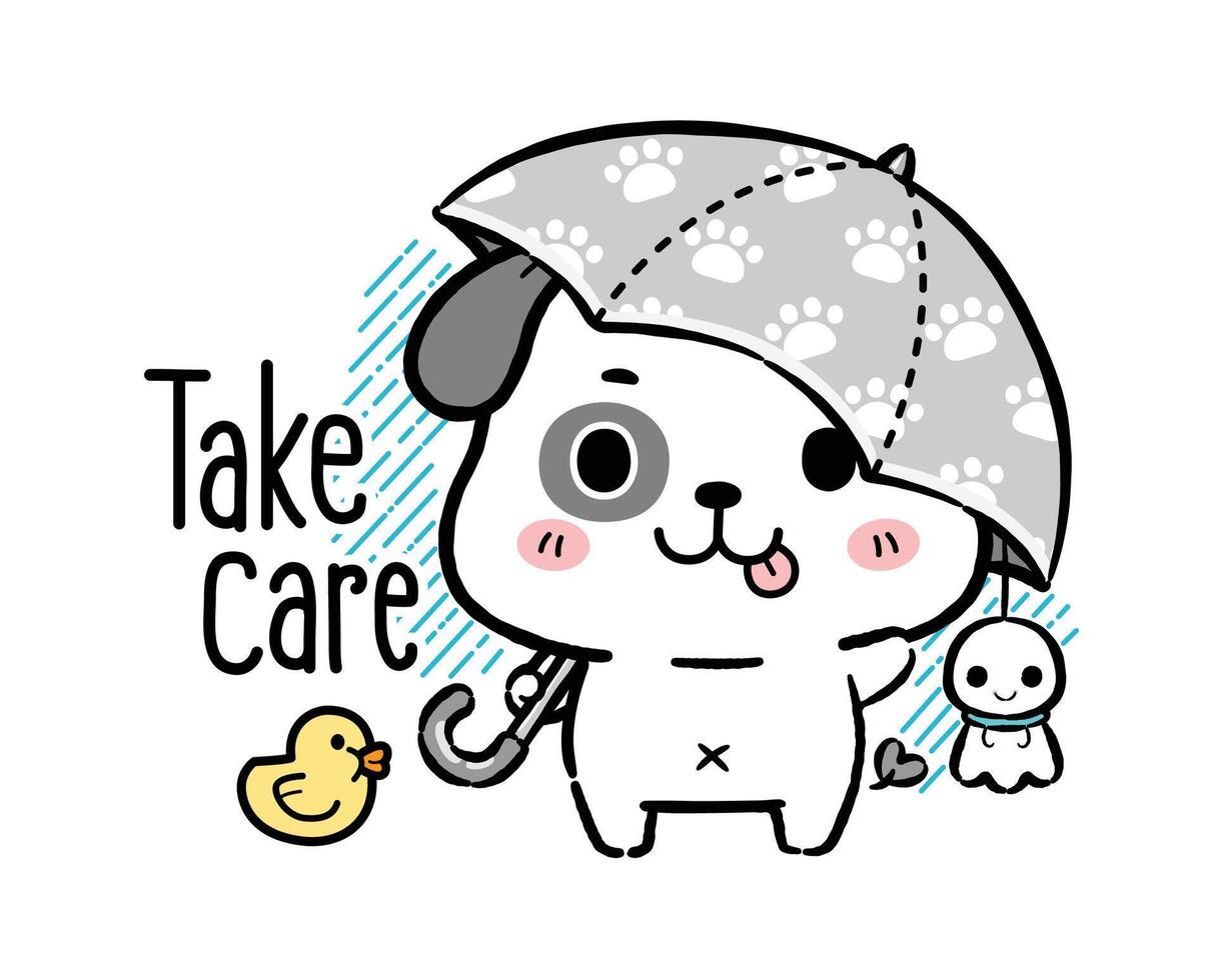 Happy puppy standing under umbrella in rain, Flat cartoon style. vector
