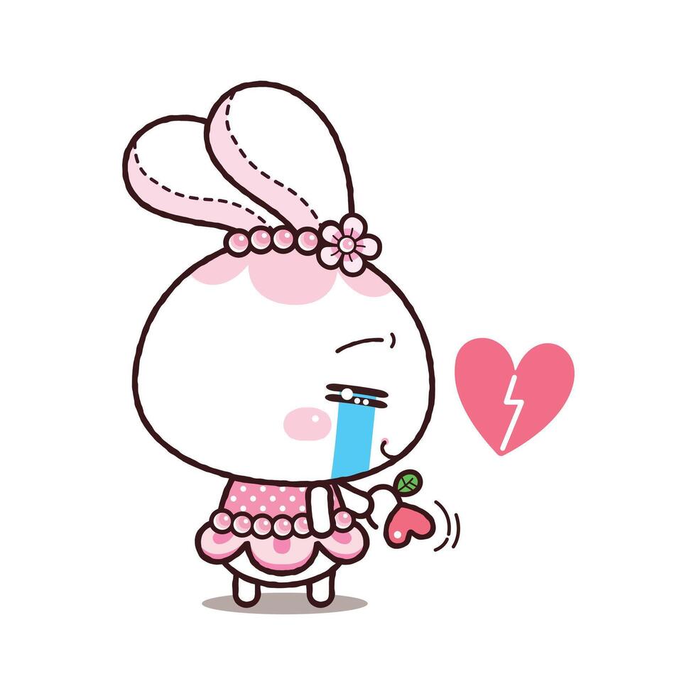 Little rabbit is broken heart and sad. Kawaii cartoon style vector