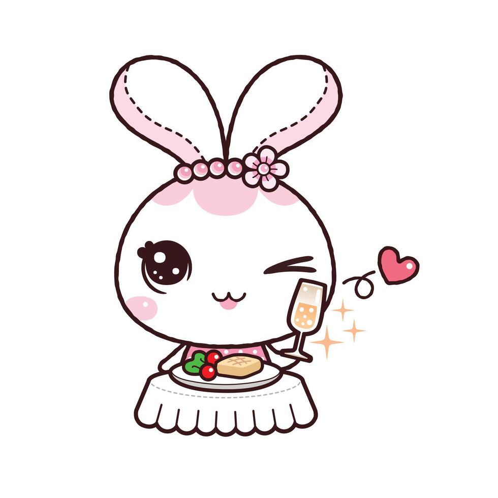 Little Rabbit Romantic Dinner. Kawaii Cartoon Style vector
