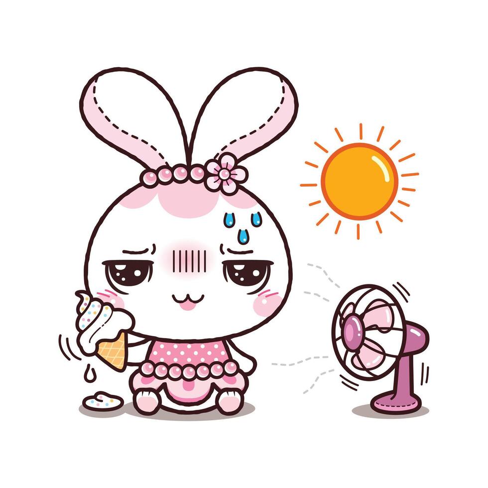 Little Rabbit with Ice Cream Cone, In Summer, Kawaii Cartoon Style vector