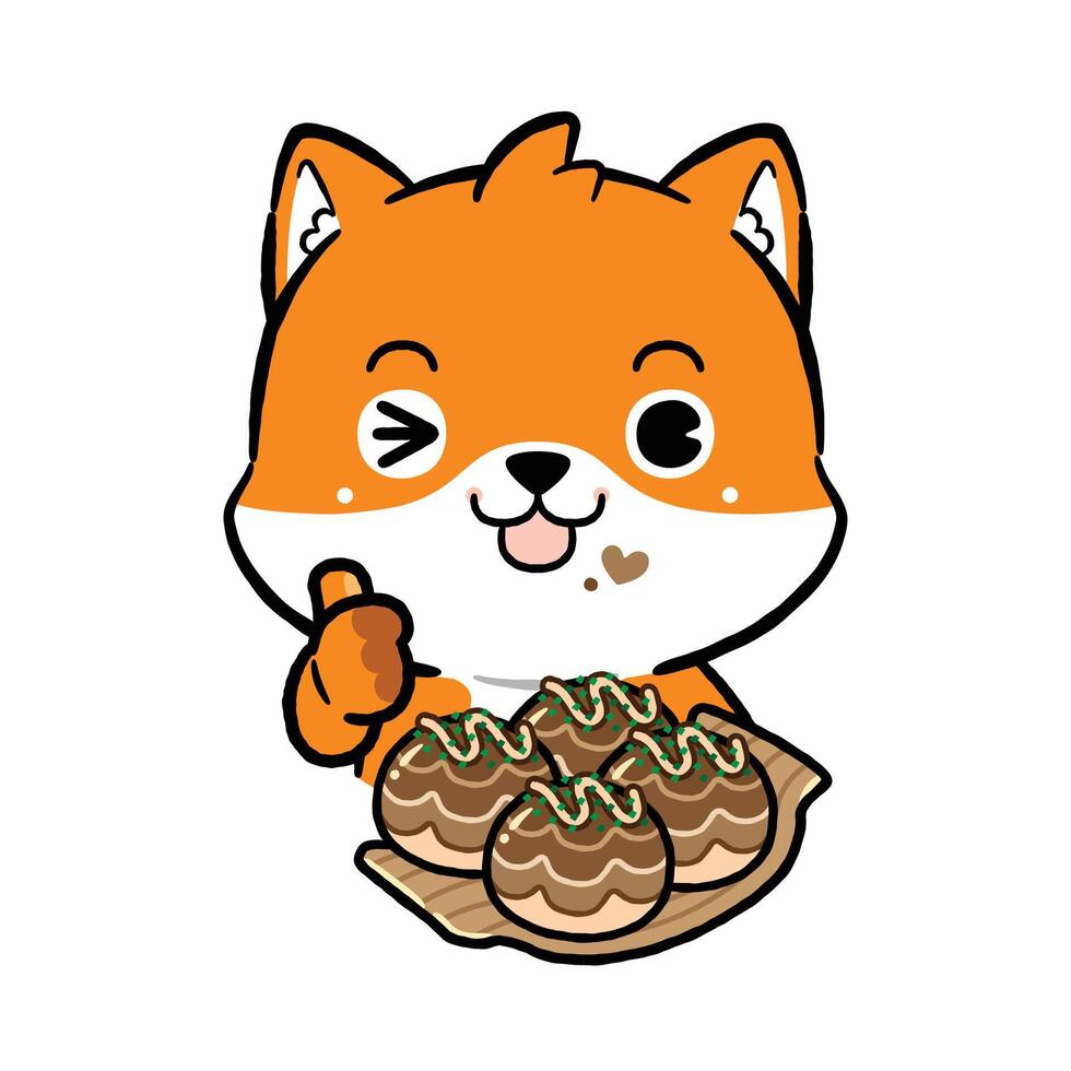 Little fox Eating Takoyaki. Flat Design. Kawaii Cartoon Style vector