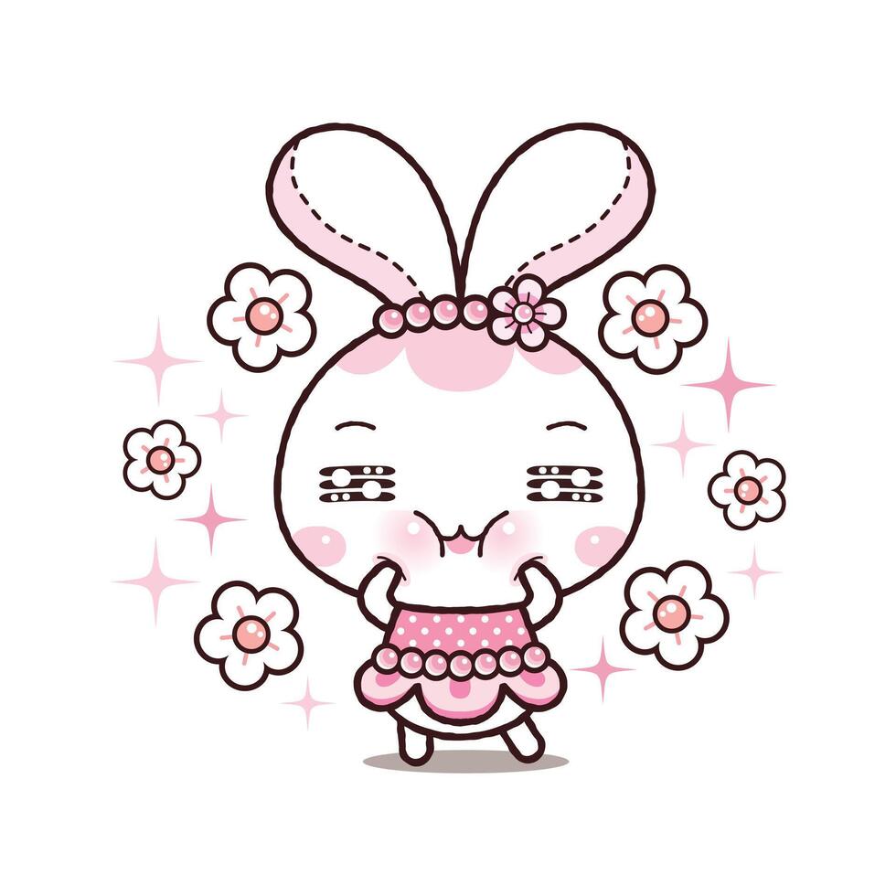 Cheerful Little Rabbit with Flowers Spring. Kawaii Cartoon Style vector
