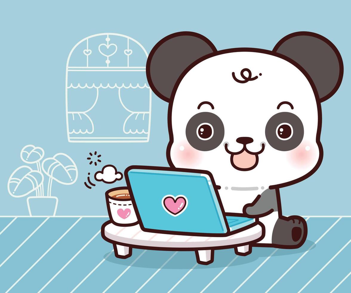 Little Panda Working on Laptops and Computers at Home. Working at Home, Kawaii Cartoon Style. vector