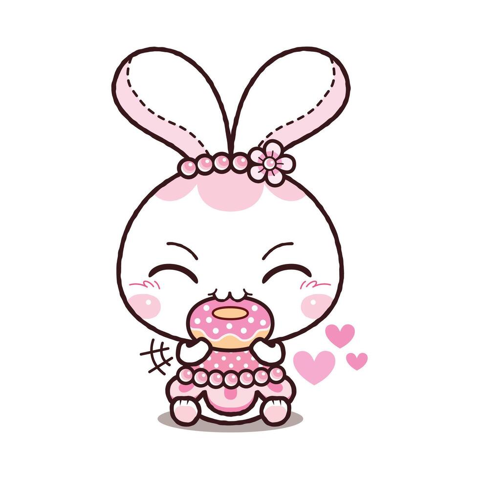 Little Rabbit Eating Donut. Kawaii Cartoon Style vector