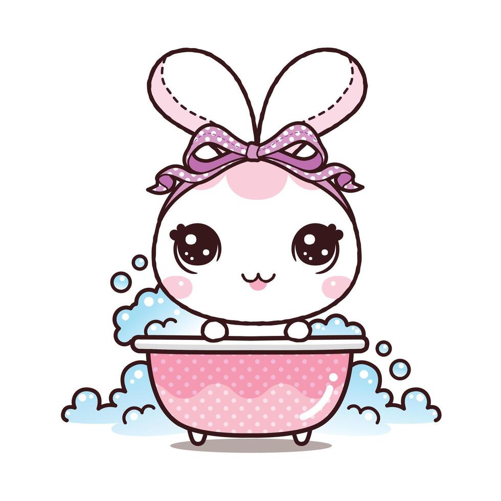Little Rabbit Soak the Warm Water in Bathtub. Kawaii Cartoon Style vector