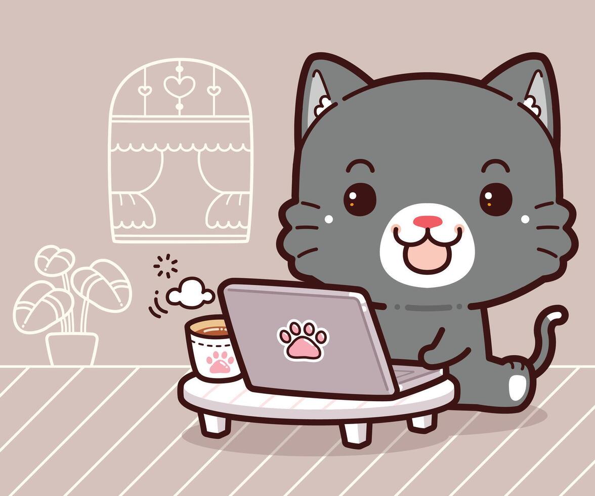 Little Cat Working on Laptops and Computers at Home. Working at Home, Kawaii Cartoon Style. vector