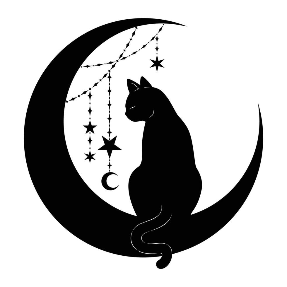 Mystical Black Cat Sitting on the Crescent Moon with Star, Silhouette Design vector
