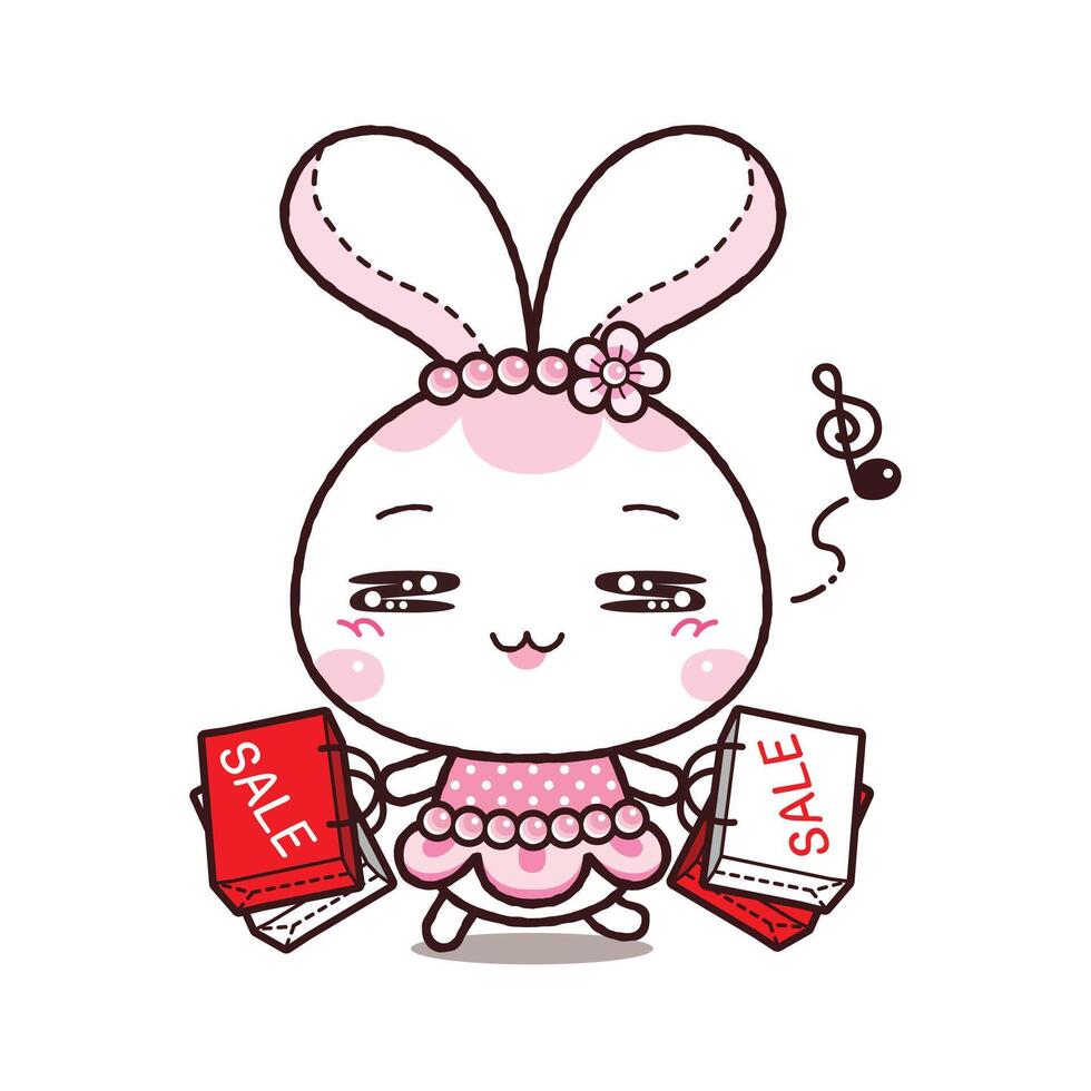 Little Rabbit Holding Shopping Bag. Kawaii Cartoon Style vector