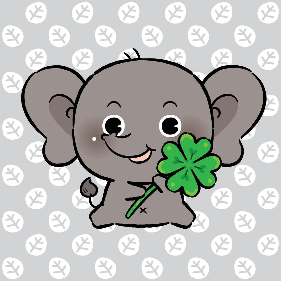 Cute Elephant Holding Lucky Four Leaf Clover, Lucky Animals, Kawaii Cartoon Style. vector