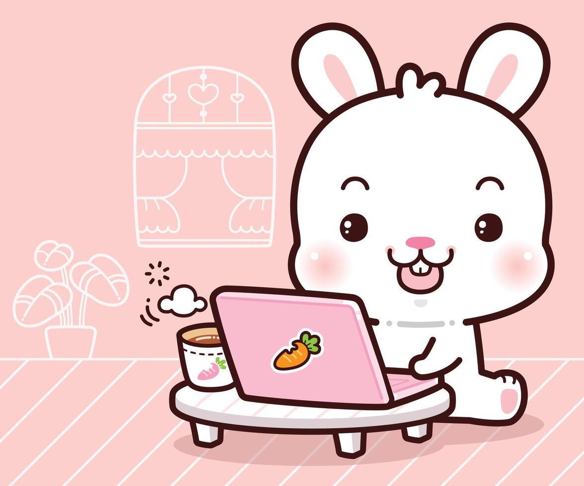 Little Rabbit freelancers working on laptops and computers at home. Working at home, Kawaii Cartoon Style. vector