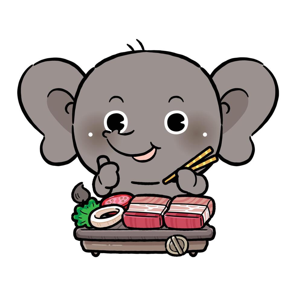 Cute Elephant Eating Yakiniku. Japanese BBQ. Kawaii Cartoon Style vector