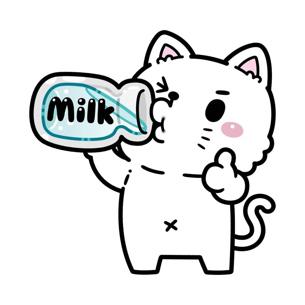 Cute White Cat Drinking Milk. Flat Cartoon Style vector