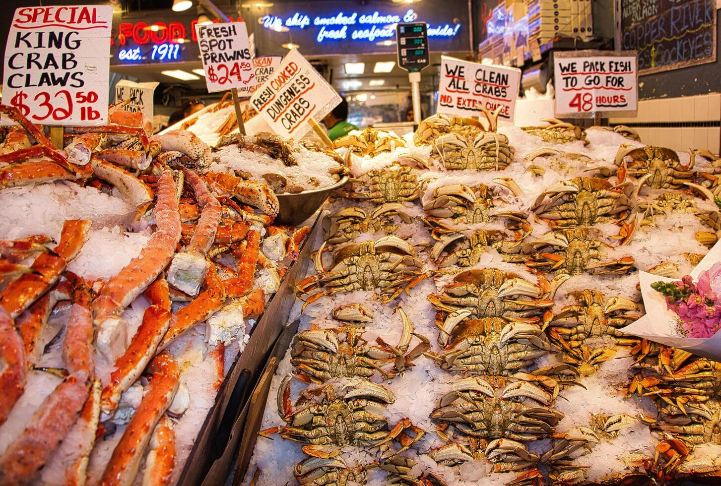 Seattle, Washington, Usa - Jul 14th, 2017 Seafood at Pike Market in Seattle, Dungeness crabs on ice at pikes pier. photo